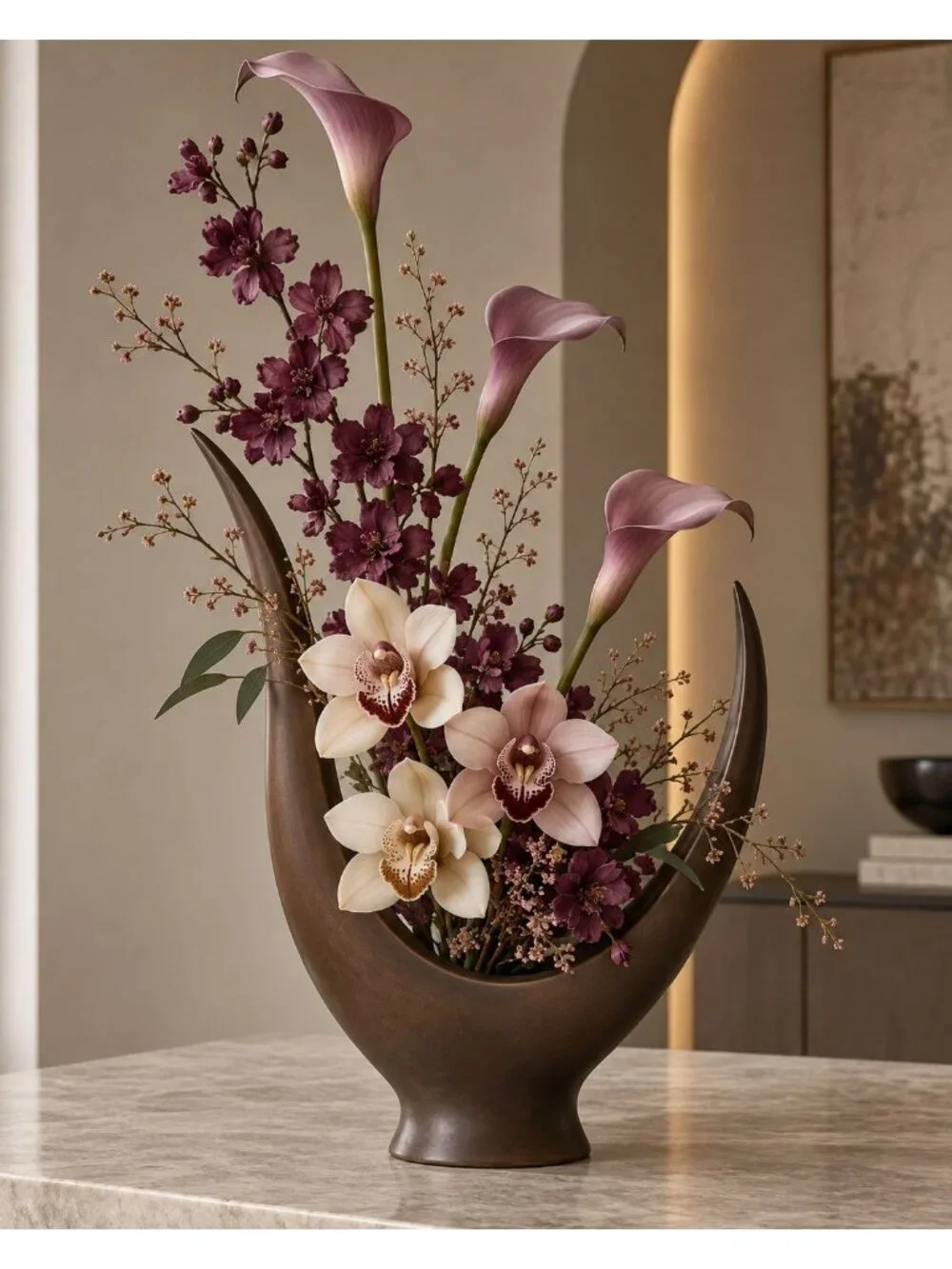 Artificial Cymbidium Orchid Bouquet 7 Stems Cream Blush Plum Coffee Faux Flowers